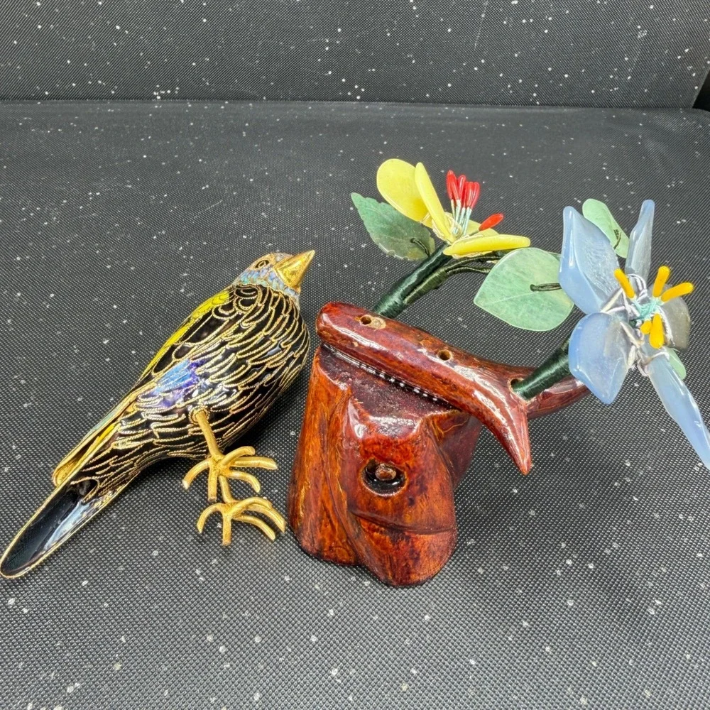 Cloisonne Enamel Bird Figurine Carved Wood Base Quartz Jade Stone Flowers 6in